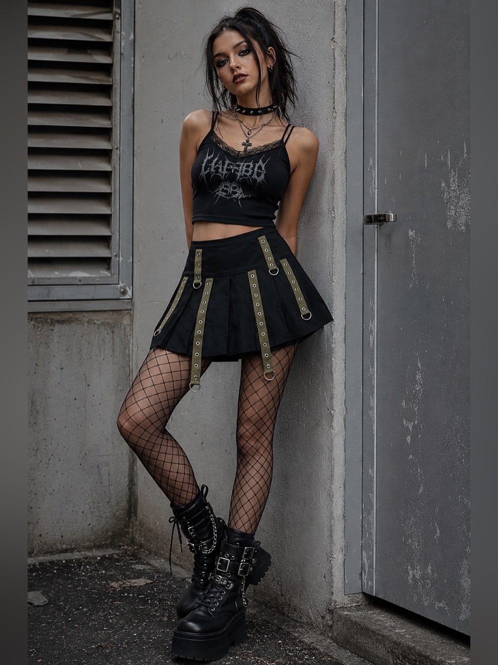 Social Collision Black Pleated Mini Skirt Goth Grunge Y2K Cargo Large LG